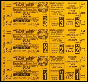 1972 ALCS Detroit Tigers Phantom Tickets - Spiele 1-3 (3 Tickets auf ungeschnittenem Bogen) - Bild 1 von 1