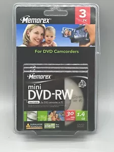 Memorex Mini DVD-RW 2X 1.4GB 30 Min Single Sided DVD Camcorder 3 Pk New Sealed - Picture 1 of 3