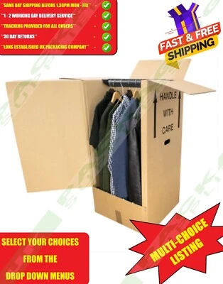 SMALL & LARGE DOUBLE WALL WARDROBE GARMENT BOXES + HANGING RAIL REMOVAL STORAGE - Image 1 of 2