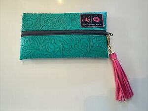 Makeup Junkie Zipper Cosmetic Bag Clutch Turquoise Blue Paisley Pink Tassel