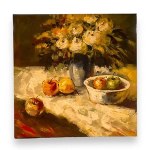 Kitchen Counter Fruit Flower Red Green Gallery Canvas Painting 23x23" Wall Decor - Picture 1 of 8