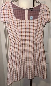 Ann Taylor Madras Plaid Puff Sleeve Flare Dress Size 6 Petite Winter White NWT’S - Picture 1 of 9
