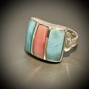 NEW STERLING SILVER NATURAL CORAL & LARIMAR RING SIZE 8 - Picture 1 of 8