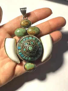 Large Sterling Silver Southwest Style Green Turquoise, & White Bone Pendant 44g - Picture 1 of 18