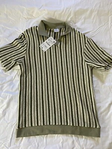 Zara Men's Textured Knit Polo Green Sage Striped Medium - Picture 1 of 3