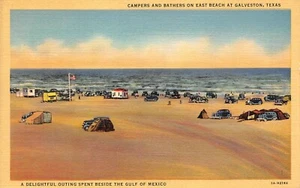 Postal de Campers & Bathers on East Beach Golfo de México Galveston, TX de 1930 - Imagen 1 de 2