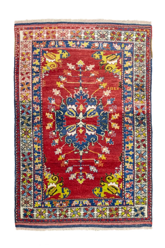 Cranberry Dazkiri Turkish Rug 5.1x7.1 ft – Cobalt Medallion – Vintage Wool Decor - Image 1 of 4