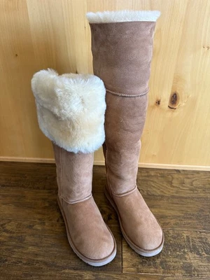 UGG OVER THE KNEE BAILEY BUTTON BOOTS 8 CHESTNUT HOLOGRAM EUC FUR RARE! - Image 1 of 4