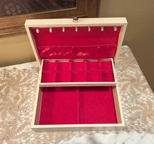 Vintage 2-stufige klappbare Organizer aufklappbare Schmuckschatulle mit rotem Samtfutter - Bild 1 von 8