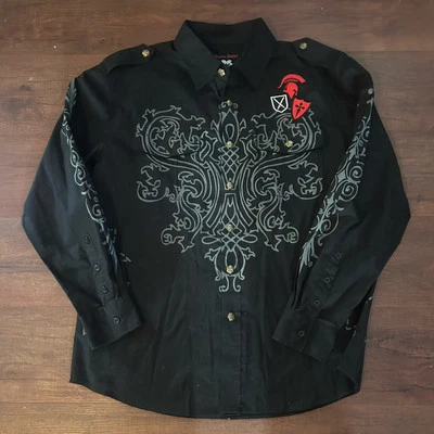 Blac Label Premium LS Button Up Shirt Rockabilly Studded All Over Print Men’s 2x - Image 1 of 4
