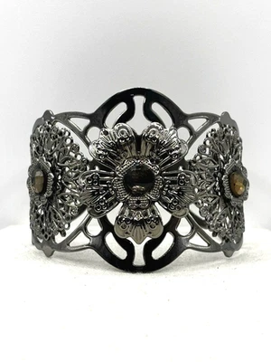 Brazalete ancho extremo abierto flor ornamentada tono bronce cuentas marrón ahumado Foto 1 de 4