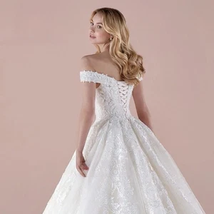 Off Shoulder Wedding Dress Sequined Beading Appliques A-Line Lace Bridal Gowns - Picture 1 of 10