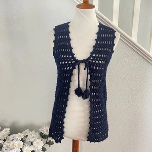 Handmade Crochet Blue Tie Front Open Knit Vest S/M Retro Artisan Granny - Picture 1 of 4