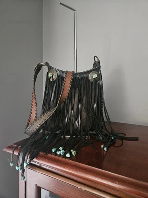 Kurtmen Black Crossbody Fringe Bag. Turquoise. Whipstitch. Stunning! EUC - Image 1 of 4