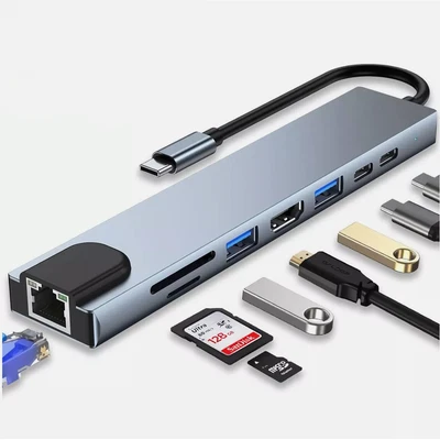 USB-C Hub 8-IN-1 Adapter 4K HDMI USB 3.0 LAN RJ45 Ethernet Micro SD Kartenleser - Bild 1 von 4