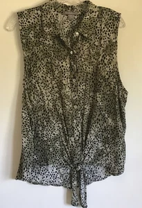 SEXY Peace & Pearls Sleeveless Blouse Tie Bottom XL Black , Green, & Tan - Picture 1 of 3