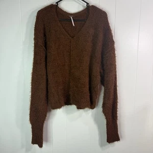 Free People V Neck Sweater Women XS Oversized Fuzzy Knit Mocha Brown Eyelash - Picture 1 of 5