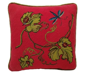 Vintage MCM Hand-Made Cross Stitch Pillow Lady Bugs Dragonfly Pink/Green 14 x 14 - Picture 1 of 10