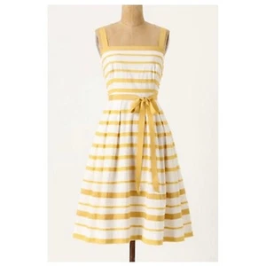 Vestido Anthropologie Moulinette Soeurs Talla 4 Amarillo Dorado Rayas Ajuste y Acampanado Nuevo con Etiquetas - Imagen 1 de 12