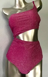 PINK Victorias Secret One Piece Swimsuit Swim Magenta Shimmer 1 Shoulder Cut Out - Picture 1 of 4