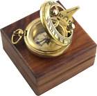 Marine Sundial Compass with Nautical Solid Wooden Box Vintage Brass Ship Navigat