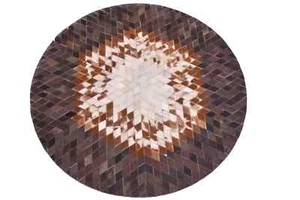 Round Cowhide Patchwork Rug – Geometric Handmade Brown Leather Carpet - Picture 1 of 23