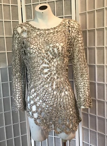 Tempo Paris Y2K Crochet Open Knit S Beige Boho Festival Asymmetric Hem Sweater - Picture 1 of 14