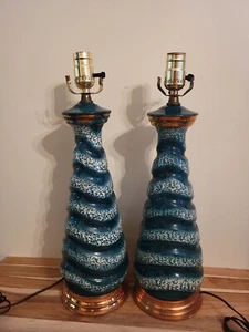 Vintage Pair 27" Mid Century Ceramic Veridian Green Table Lamps Gold Accented - Picture 1 of 4