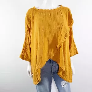 Free People Top in garza giallo calendula taglia L manica lunga a strati orlo grezzo boho - Foto 1 di 9