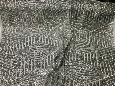 DISEÑO GEOMÉTRICO PLATEADO BORDADO EN UNA MALLA ELÉCTRICA ELÁSTICA DE 4 VÍAS BLANCA POR YARDA Foto 1 de 4