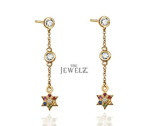 14K Gold VS/F-G Diamond And Multi Sapphire Gemstone Star Drop Chain Earrings - Picture 1 of 4