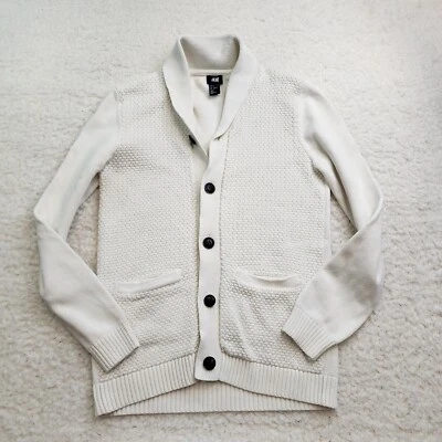 H&M Cárdigan Suéter Tejido Botón Para Hombre S Blanco Preppy Bolsillos Académico Foto 1 de 4