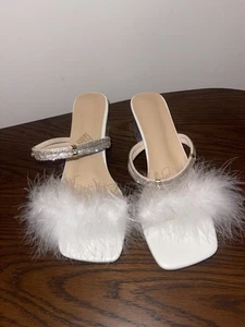 Mujer Blanco Pluma Tacones Talla 40 Transparente Bloque Tacón Estrás Correa Puntera Cuadrada - Imagen 1 de 3