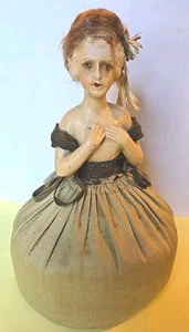 Antique Early 1900s Composition Half Body Pincushion Doll, Hand Painted Face - Picture 1 of 10