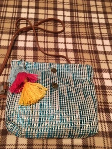 Faded Glory Crossbody Teal Plaid Purse Handbag w/ Pom Poms Tassle New! - Picture 1 of 4