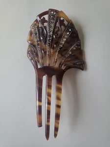 Pin de pelo antiguo palo imitación tortuga pedrería plateada 5" - Imagen 1 de 4