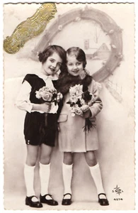 Little girls art deco portrait fashion real photo postcard 1930's French RPPC - Picture 1 of 2