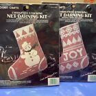 2 Vintage Christmas Stocking Kits Net Darning Kit Snowman Joy Red White Green