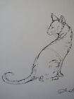 Original pen & ink continuous line drawing of a cat sitting back view in profile