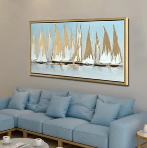 Velero Dorado Pintura Abstracta Arte de Pared XL Enmarcado 30"x60" Caja Abierta* - Imagen 1 de 10