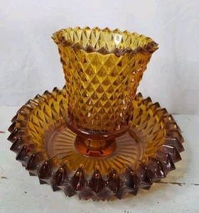 VTG Indiana Glass Diamond Point Candle Holder w/Base Golden Amber - Picture 1 of 4