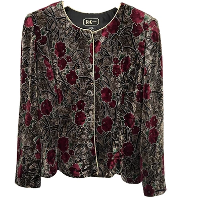 Velvet Blazer Jacket RK Evening Size 14 Burgundy Gold Floral Print Dark Romantic - Image 1 of 4