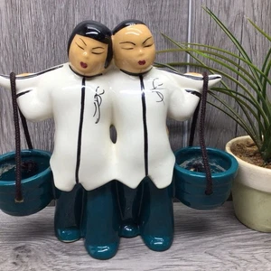 Asian Ceramic Figurine Carrying Water Buckets Planters 7" Hand Painted - Picture 1 of 10