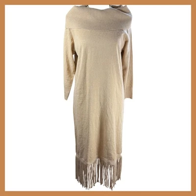 Off Shoulder Fringe Knit Sweater Dress Elegant Chic Midi Dress - Image 1 of 4