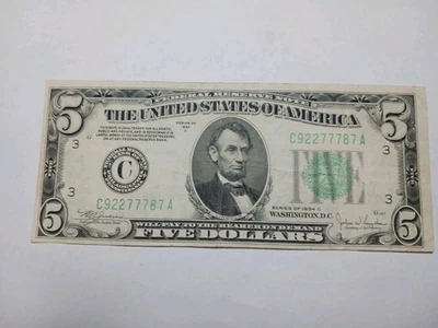 1934 C Green Seal $5.00 Dollar  Federal Reserve Note FRN Philadelphia Nice - Image 1 of 4