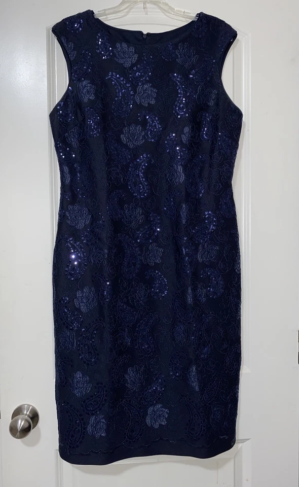 Vestido para mujer Donna Ricco funda de encaje con lentejuelas azul marino boda fiesta talla 12 nuevo Foto 1 de 4