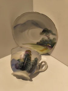 Vintage Tea Cup Ucago And Saucer 1950s Japan Landscape (Unused) Hand Painted - Picture 1 of 15