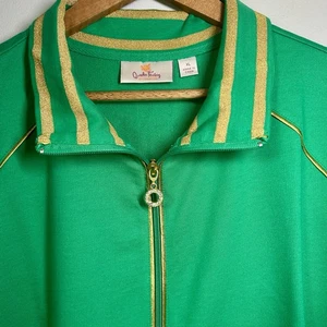 Quacker Factory Size XL Green+Gold Collared Zip Knit Jacket EUC - Picture 1 of 7
