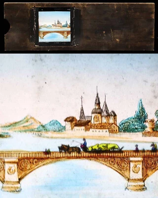 Le PASSAGE DU PONT  - Plaque lanterne magique animée 1850 - Photo 1/4
