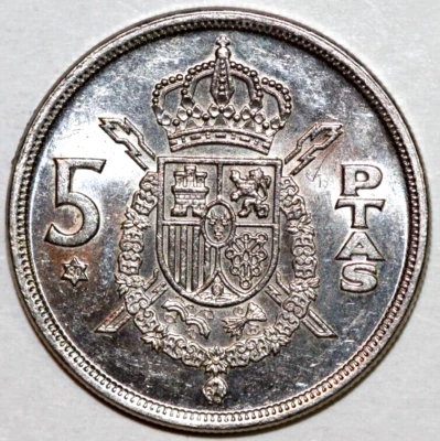 Spain 1975(80) 5 Pesetas National Arms King Juan Carlos I- Foreign Coin 23mm - Image 1 of 2